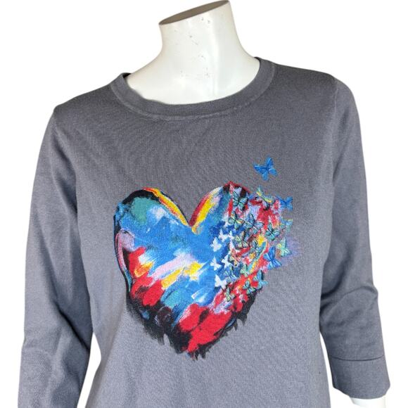 Attitudes by Renee Printed Statement Sweater Heart Flutters Medium Gray - Picture 2 of 13